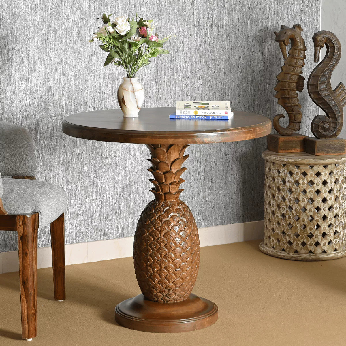 Pineapple Mango Wood Modern Tropial Style Small Round Coffee Table