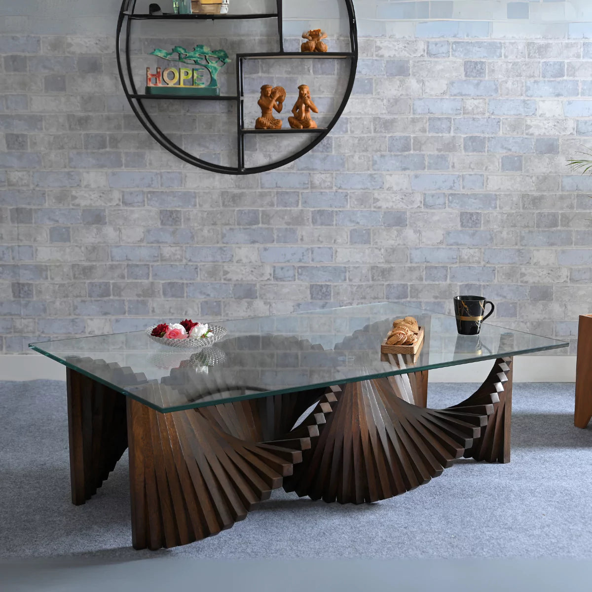 Stripique Wooden Modern Geometric Base Glass Top Coffee table