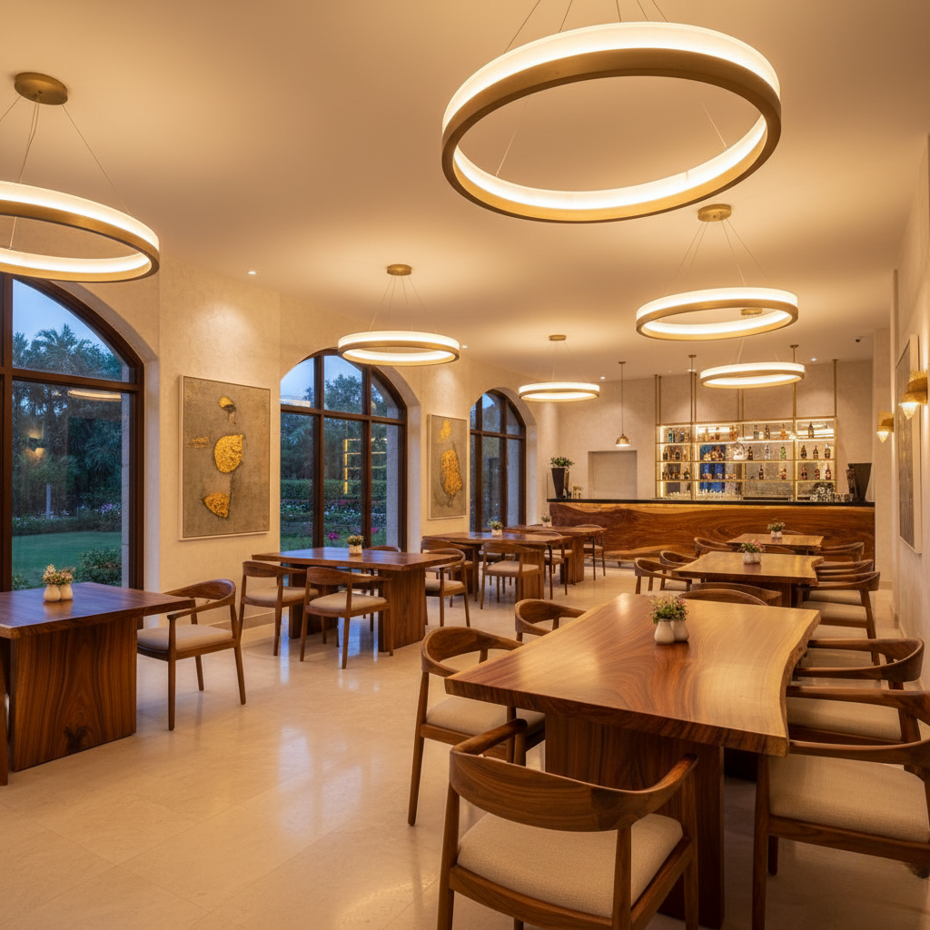 Sheesham solid wood dining tables and chairs in modern restaurant interior commercial furniture India