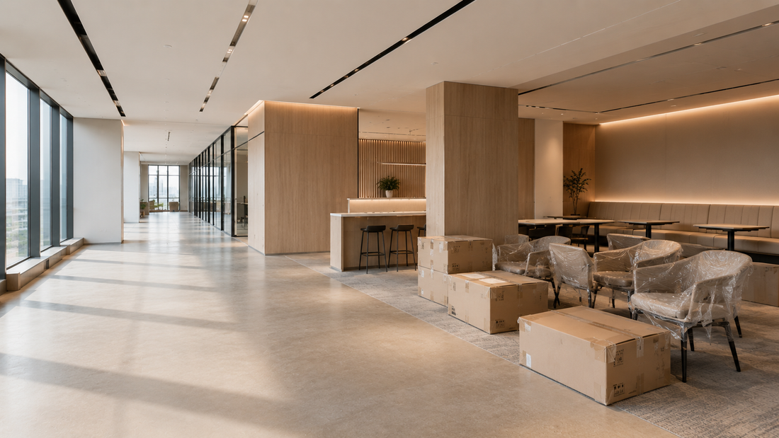 Modern Office Interior with Furniture Boxes and Wrapped Chairs Awaiting Installation.  