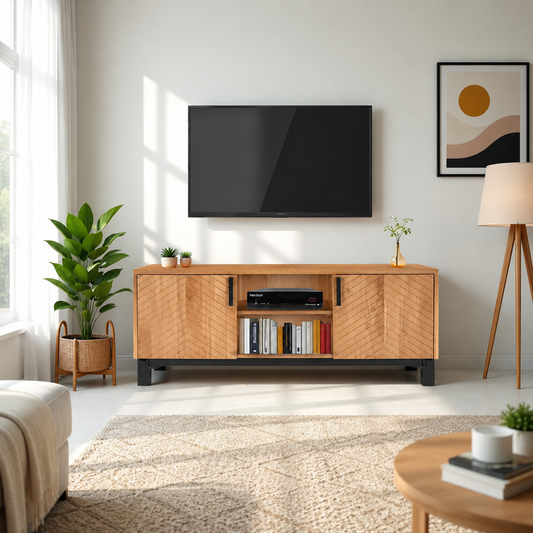 Modern Wooden TV Unit in a Sunlit Living Room with Wall-Mounted TV and Decor Accents.