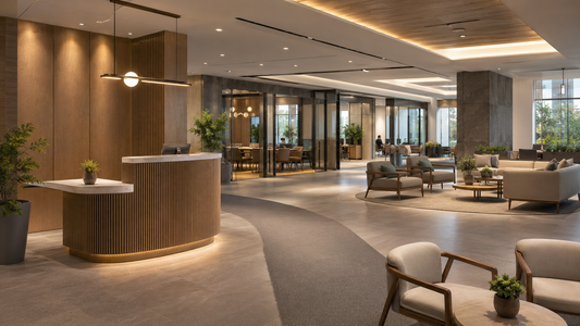 Modern Commercial Lobby Featuring a Curved Reception Desk, Lounge Seating, and Spacious Circulation Pathways.
