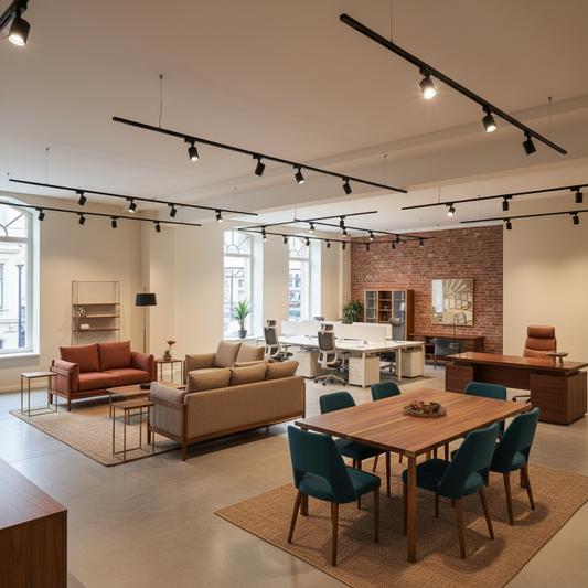 Commercial furniture showroom displaying office sofas, dining table with chairs and workstations, warm track lighting, professional B2B furniture display India
