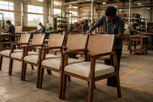 Furniture Quality Control Inspection in a Mass-Production Factory, with Identical Wooden Chairs Being Inspected for Consistency Before Delivery  