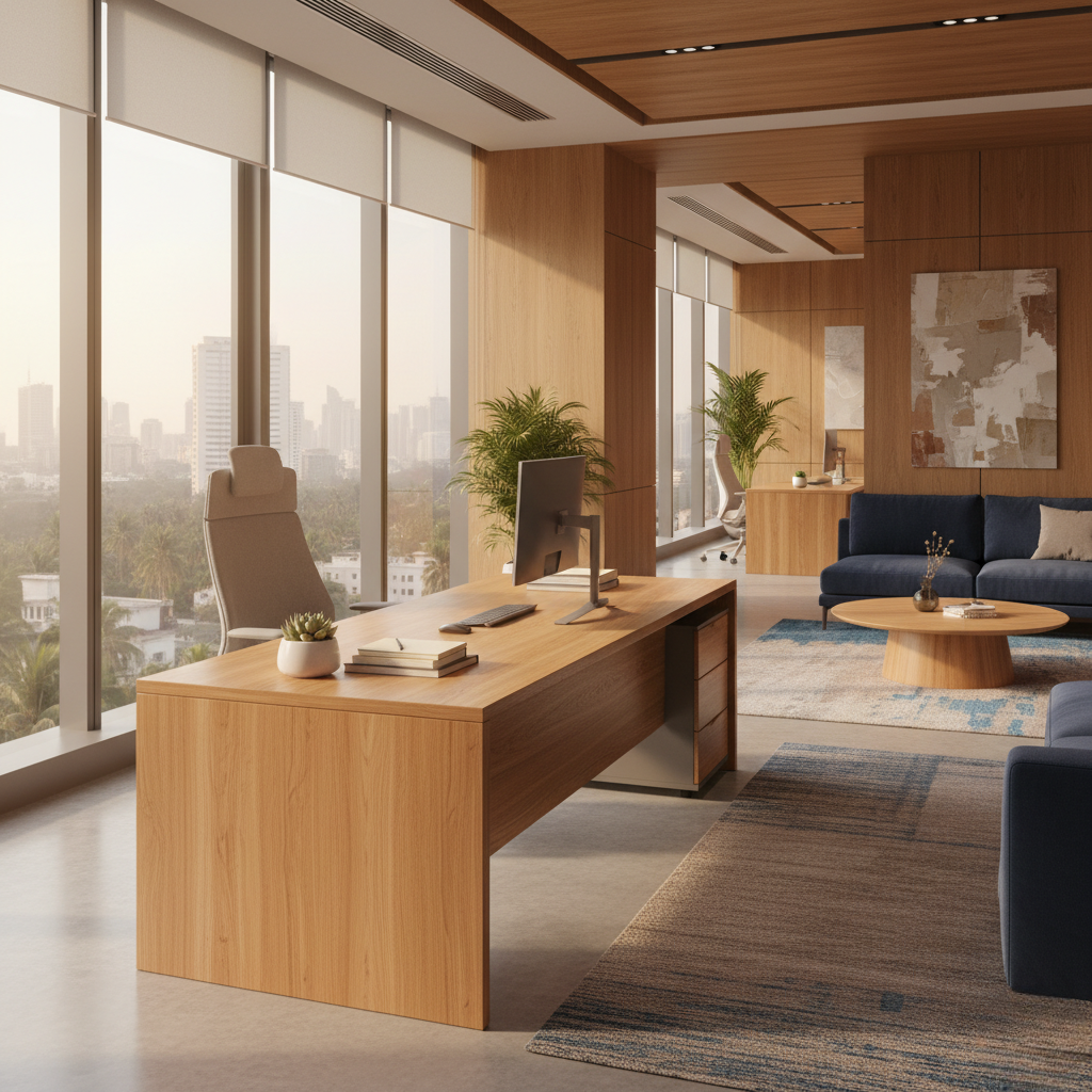 Modern executive office with wooden desk, large windows, and indoor plants