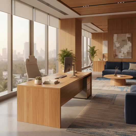 Modern executive office with wooden desk, large windows, and indoor plants