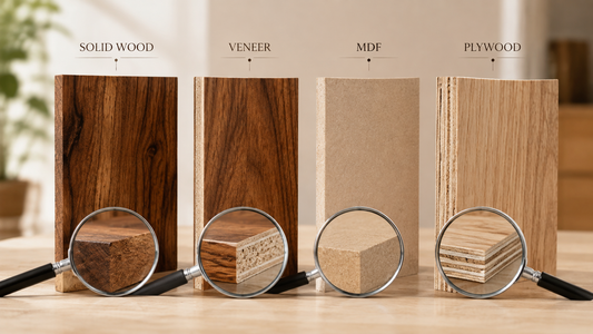 Comparison of solid wood, veneer, MDF, and plywood furniture materials showing their edge construction and surface finish.  
