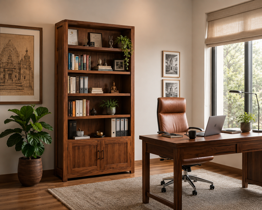 Solid Wood Bookshelf in a Warm Modern Home Office.
