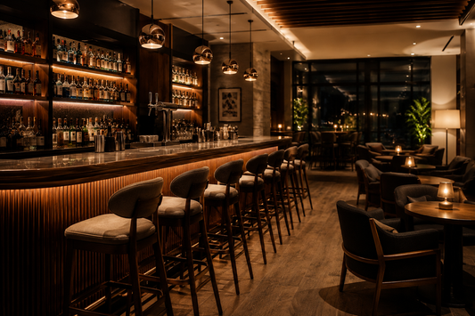 Luxury Hotel Bar Interior With Solid Wood Bar Counter, Bar Stools, Lounge Seating, And Warm Ambient Lighting.