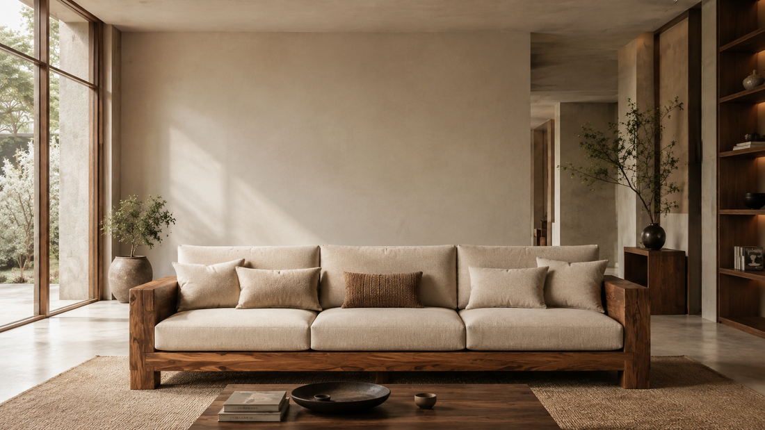 Solid Wood Sofa with Neutral Upholstery in a Modern Living Room.  