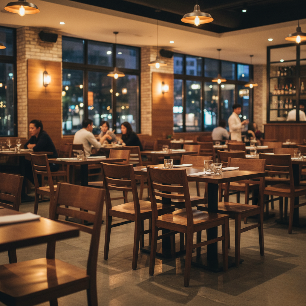 Warmly lit modern restaurant interior with wooden tables and chairs, a few guests dining, and large windows showing a nighttime city view