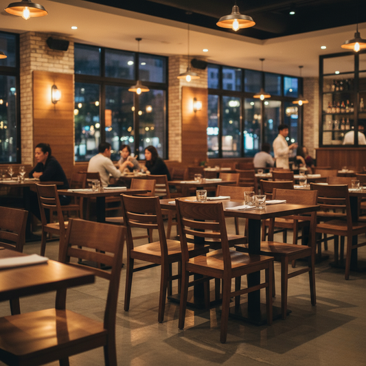 Warmly lit modern restaurant interior with wooden tables and chairs, a few guests dining, and large windows showing a nighttime city view
