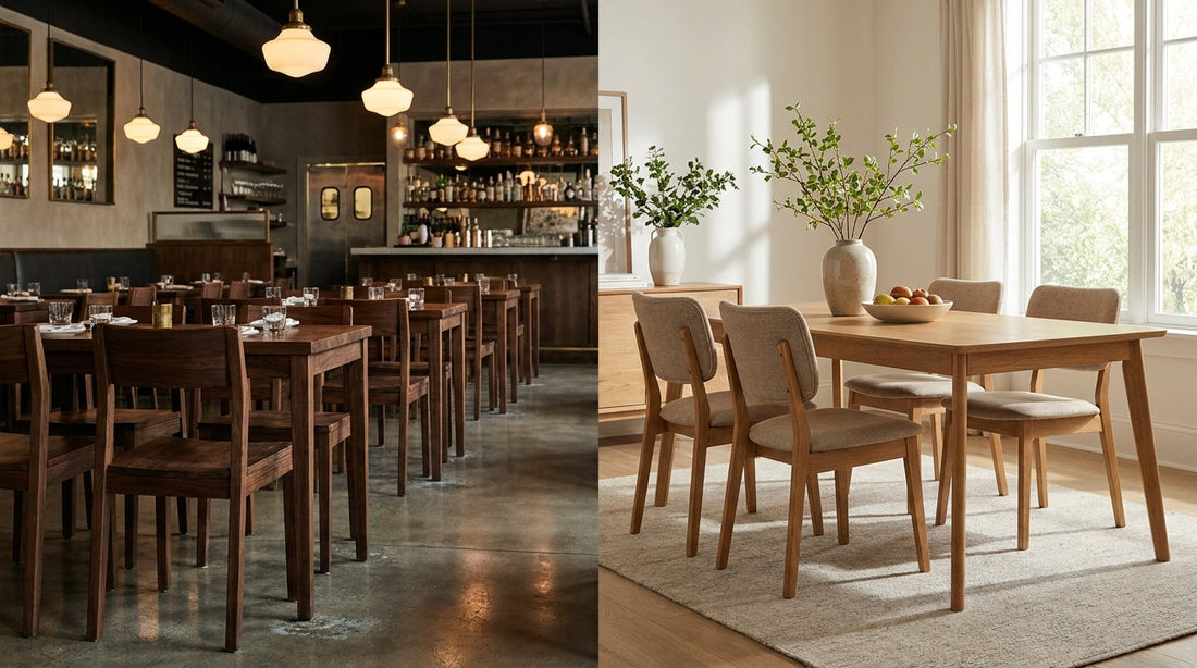 Restaurant and Home Dining Spaces with Wooden Tables and Chairs.  