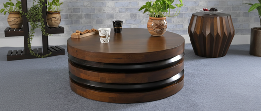 Contemporary round solid wood coffee table in an indian living room 