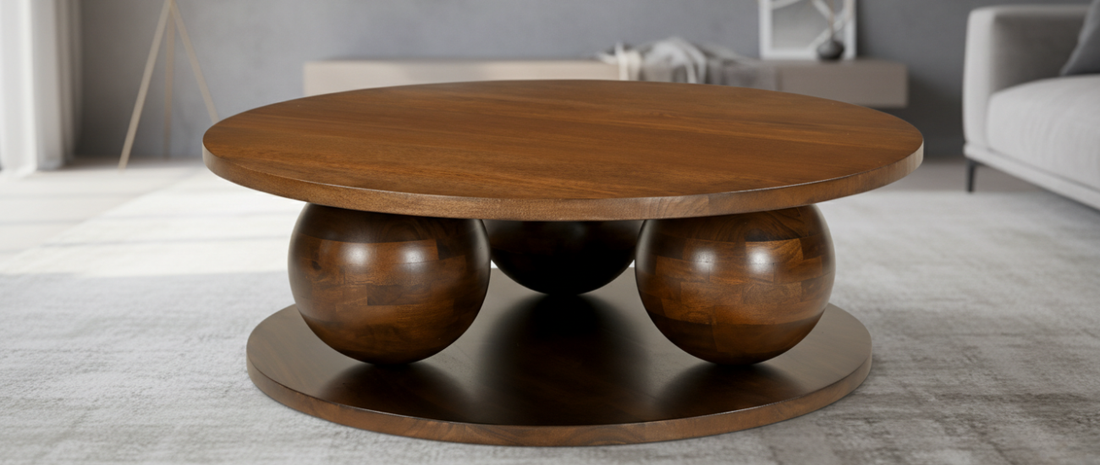 Solid wood coffee table in a modern indian living room interior 