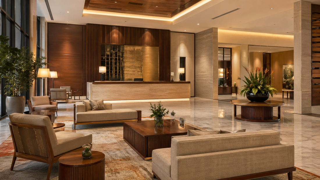 Luxury hotel lobby furniture setup with sofa seating, wooden coffee tables, and reception area in warm lighting