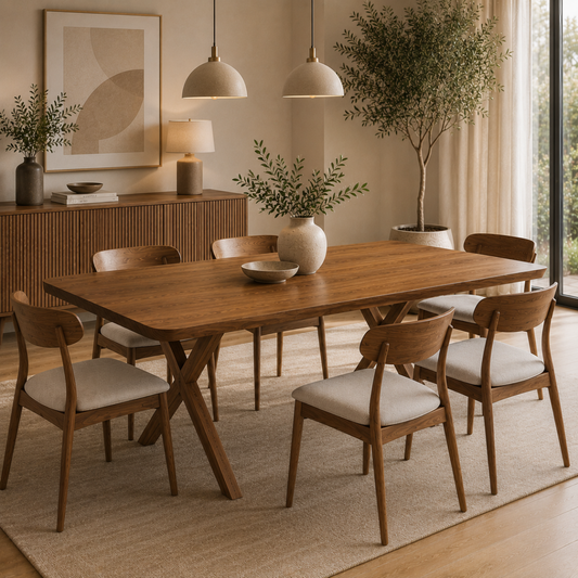 Solid Wood Dining Table with Six Upholstered Chairs in a Warm Modern Dining Room.