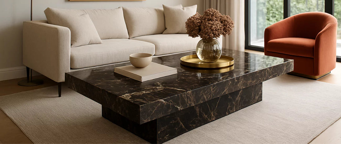 comparison of end table materials: glass, wood, metal, stone with lifestyle use cases