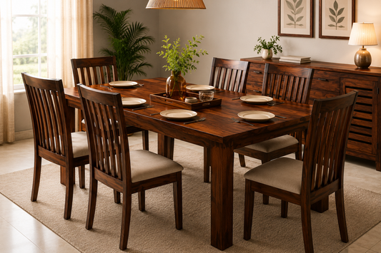 Modern Solid Wood Dining Table Set in a Warm, Well-lit Dining Room With Chairs, Styled For Indian Home Interiors