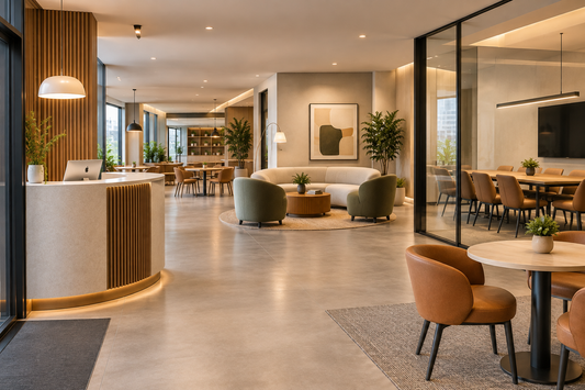 Modern commercial space with curved reception furniture, round lounge tables, and rectangular meeting tables.