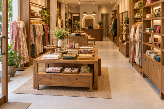 Boutique Store With a Planned Wooden Display, Shelving And Checkout Layout
