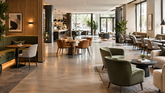 Modern Commercial Interior Showing Varied Seating Arrangements, Including Corner, Central, and Lounge Seating.  