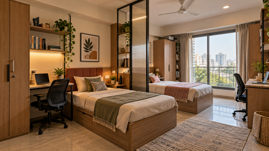 Co-Living Bedroom With Individual Beds, Personal Storage and Study Desks Designed For Privacy And Durability