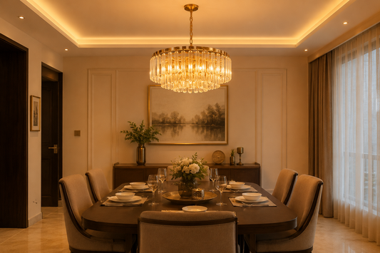 Modern Crystal Chandelier Above a Wooden Dining Table in an Elegant Indian Dining Room