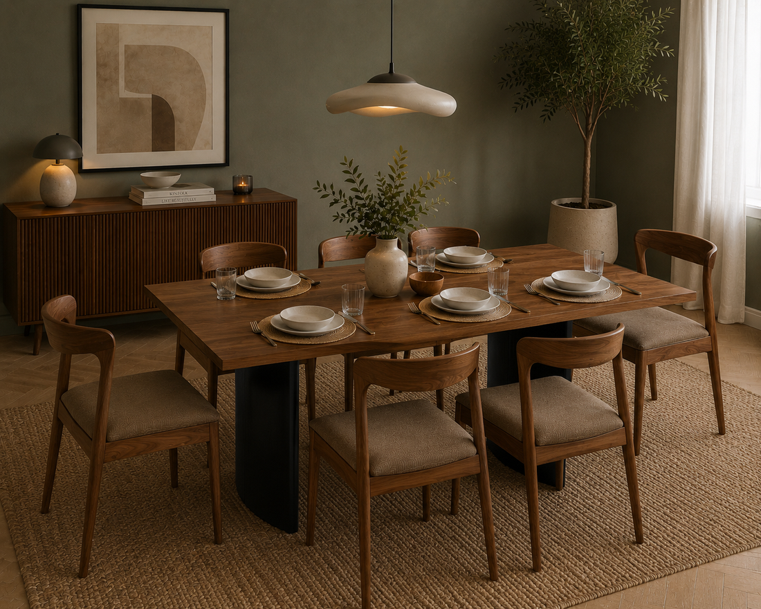 Modern Walnut Dining Room With Elegant Table Setting.