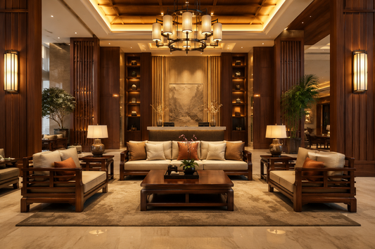   Luxury Hotel Lobby With Solid Wood Furniture And Warm Ambient Lighting
