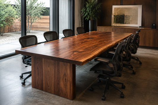 Modern Solid Wood Conference Table In a Commercial Office Meeting Room With Ergonomic Chairs And Contemporary Interior Design.