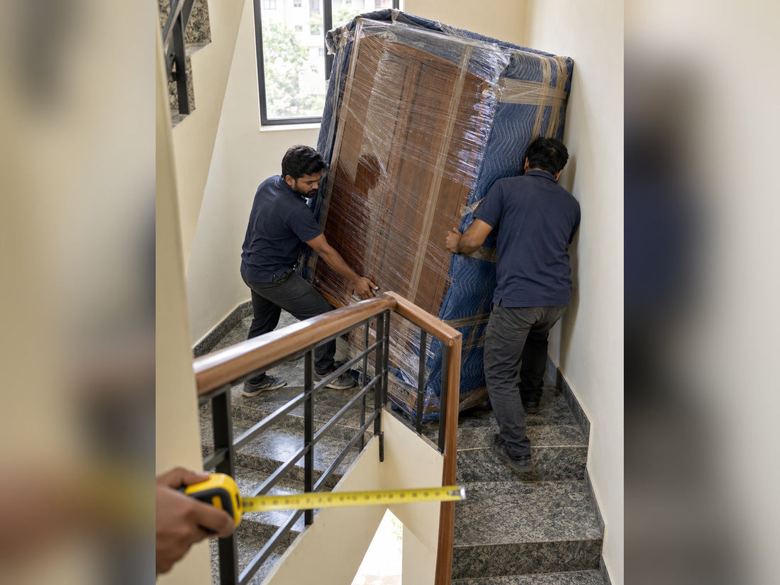 Delivery Workers Struggling to Turn a Large Wardrobe Around a Narrow Stairwell Landing
