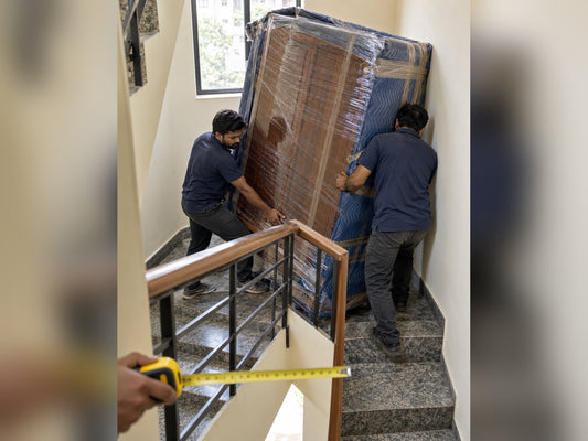 Delivery Workers Struggling to Turn a Large Wardrobe Around a Narrow Stairwell Landing