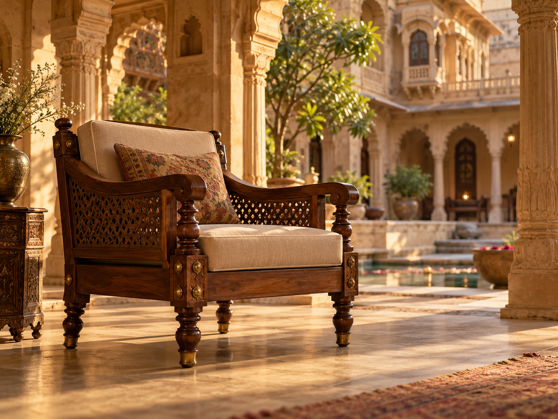 Traditional-Style Solid Wood Armchair in a Rajasthan Haveli Hotel Courtyard