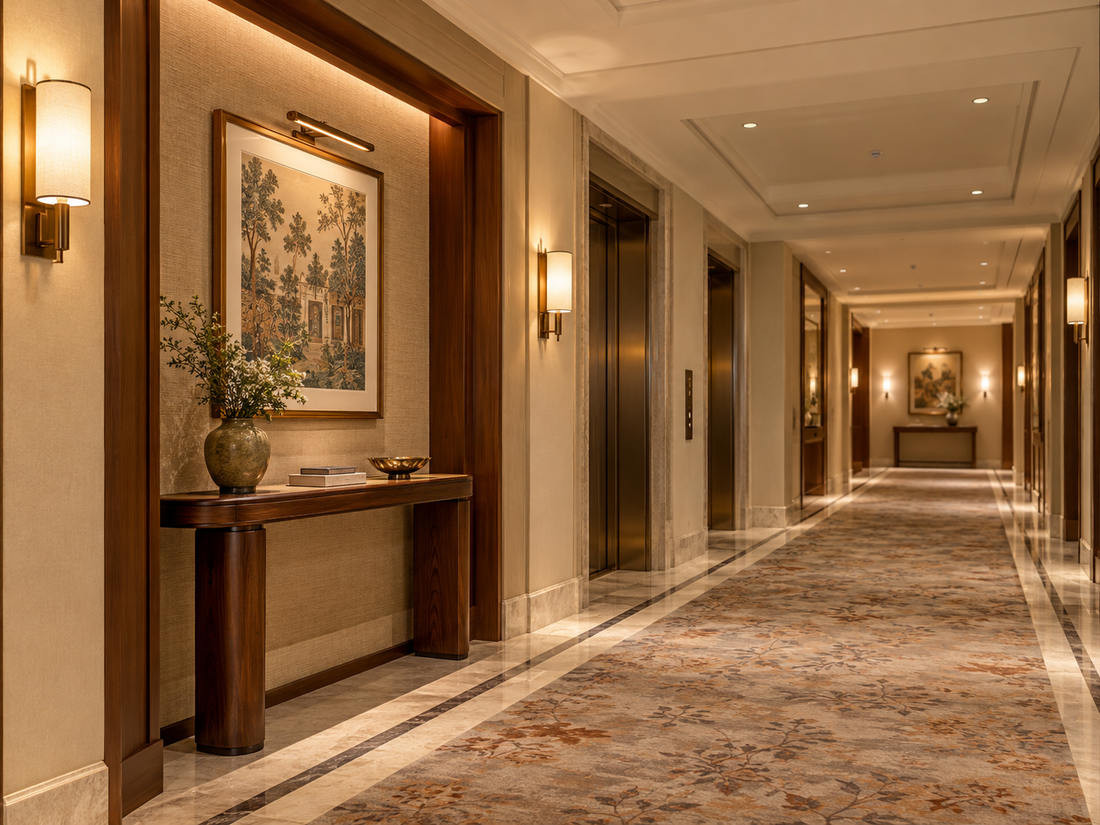 Slim Solid Wood Console Table in a Shallow Recess Along a Hotel Guest-Floor Corridor
