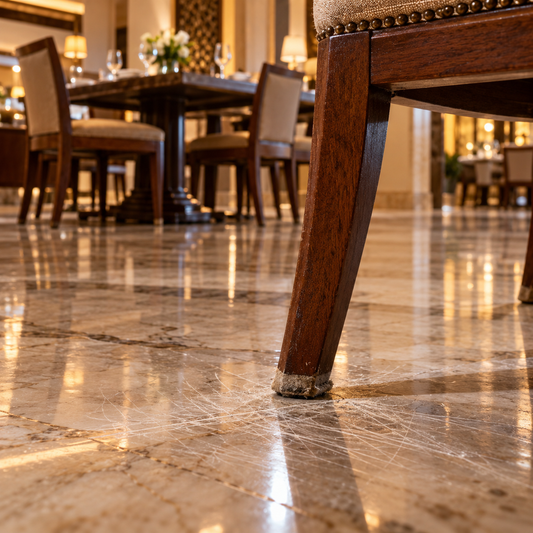 Fine Scratches On a Marble Restaurant Floor Around a Wooden Chair Leg With a Worn Felt Pad