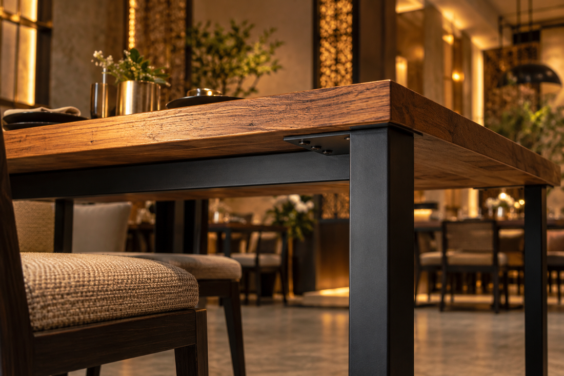Solid Wood Dining Table on a Black Metal Base Showing The Junction Between Top And Frame