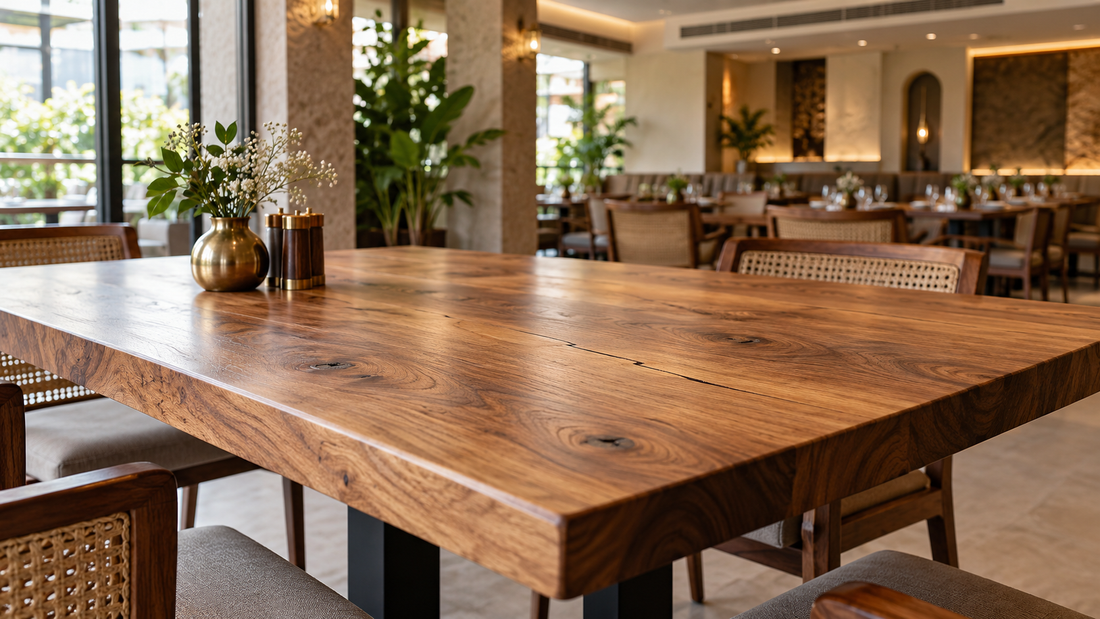 Solid Wood Commercial Tabletop With a Subtle Hairline Crack  