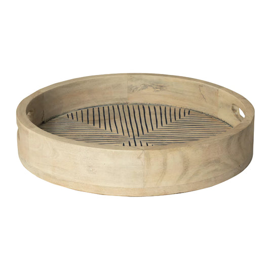 Chevron Engraved Rustic Decorative Round Wooden Tray with Handles.