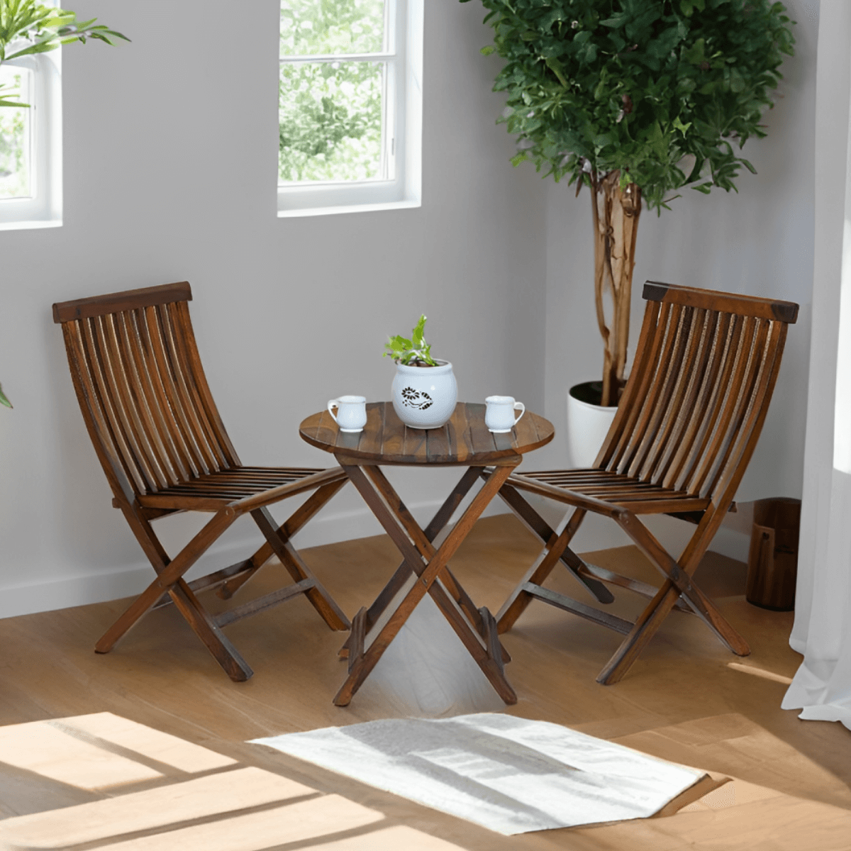 Flexura Solid Wood 2 Seater Folding Dining Table and Chairs Set - RadiantFurn