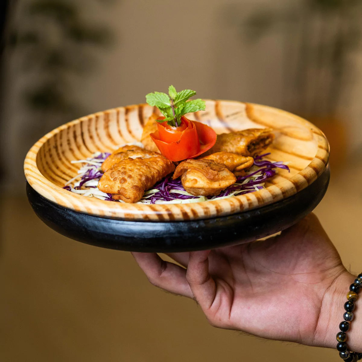 Majeesa Rustic Dual Tone Round Pine Wood Serving Platter - RadiantFurn