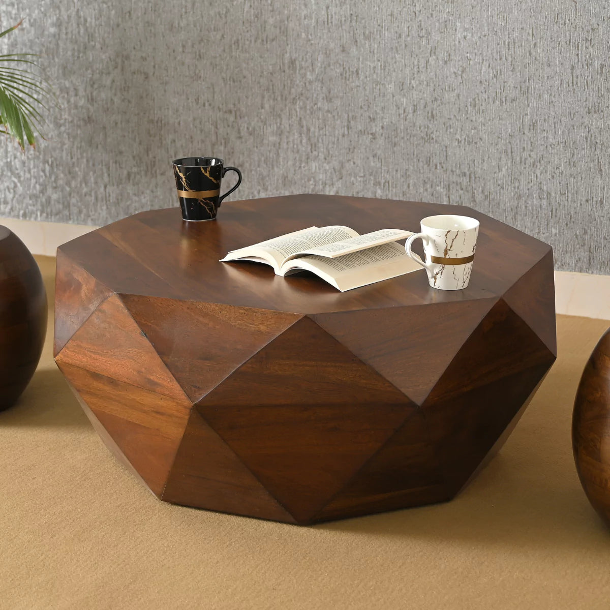 Prismora Solid Wood Modern Round Geometric Coffee Table - RadiantFurn