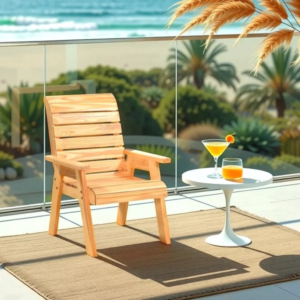 Rustico Slatted Solid Wood Outdoor Chair with Armrests - RadiantFurn