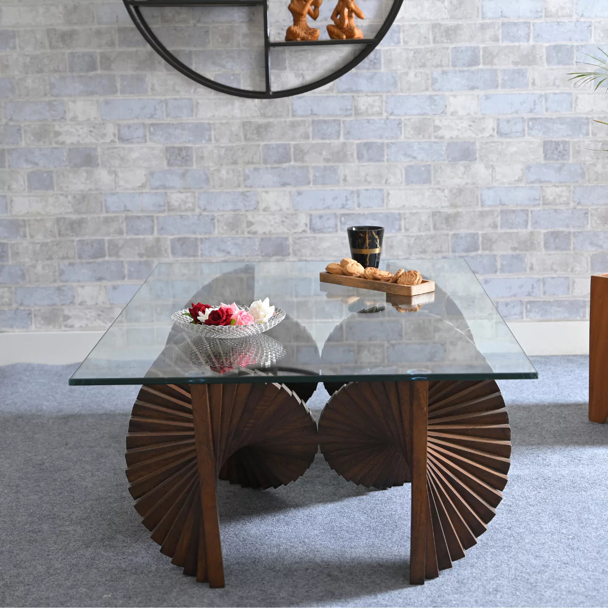 Stripique Wooden Modern Geometric Base Glass Top Coffee table