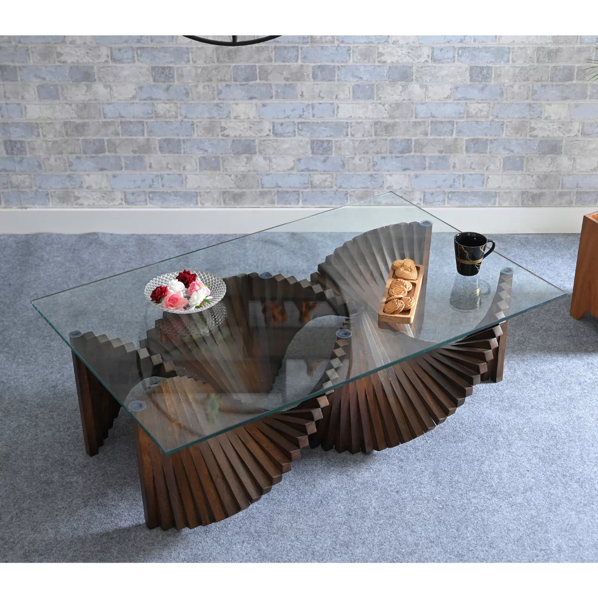 Stripique Wooden Modern Geometric Base Glass Top Coffee table
