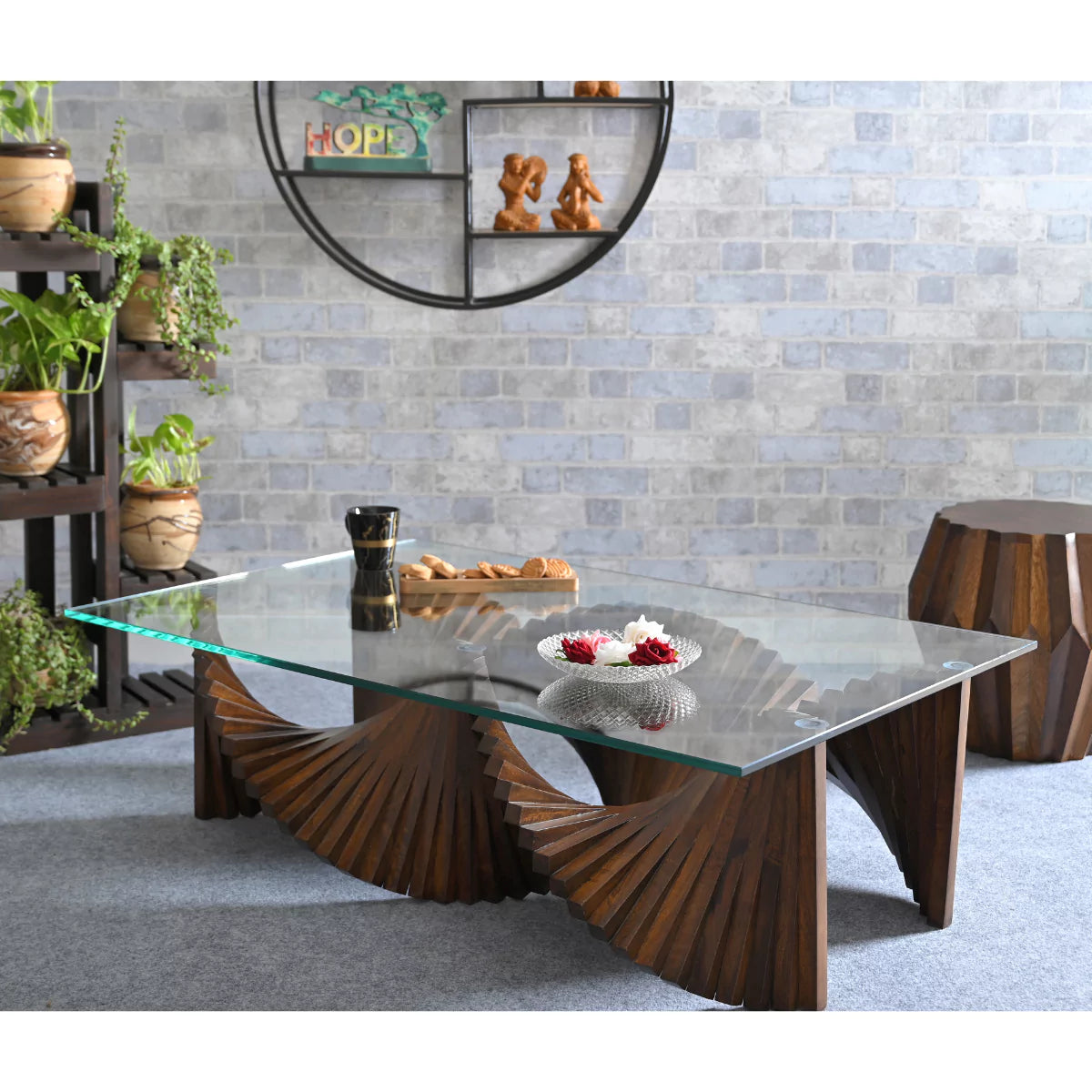 Stripique Wooden Modern Geometric Base Glass Top Coffee table
