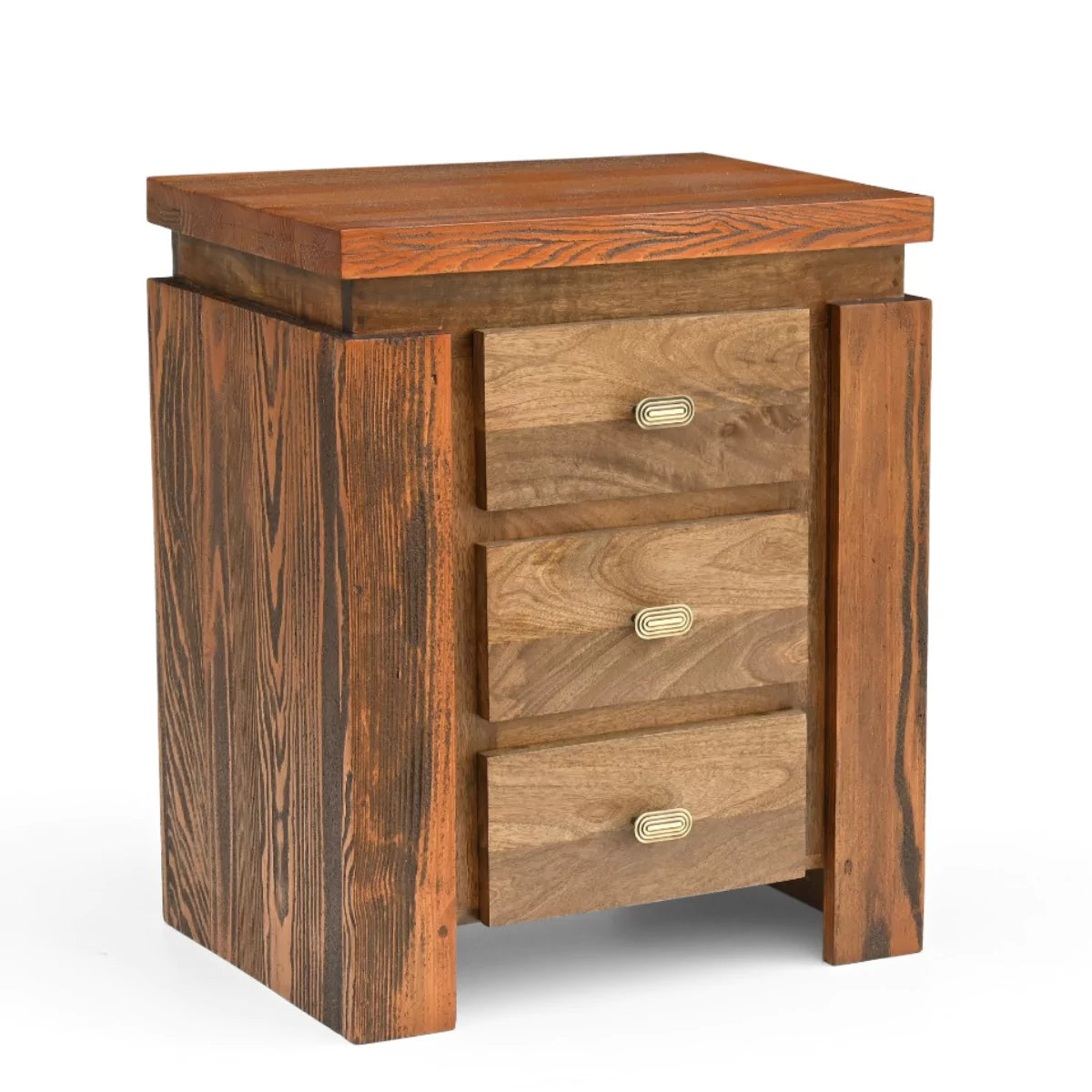 Twonique Solid Wood Rustic 3 Drawer Side Table - RadiantFurn