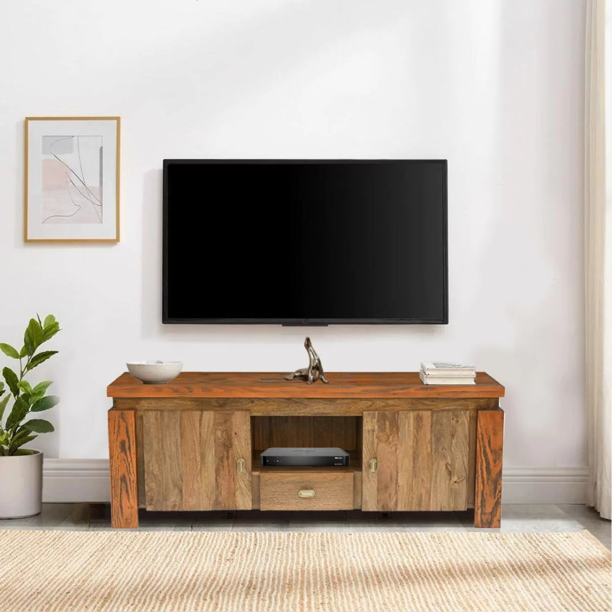 Twonique Solid Wood Rustic TV Unit With Storage - RadiantFurn