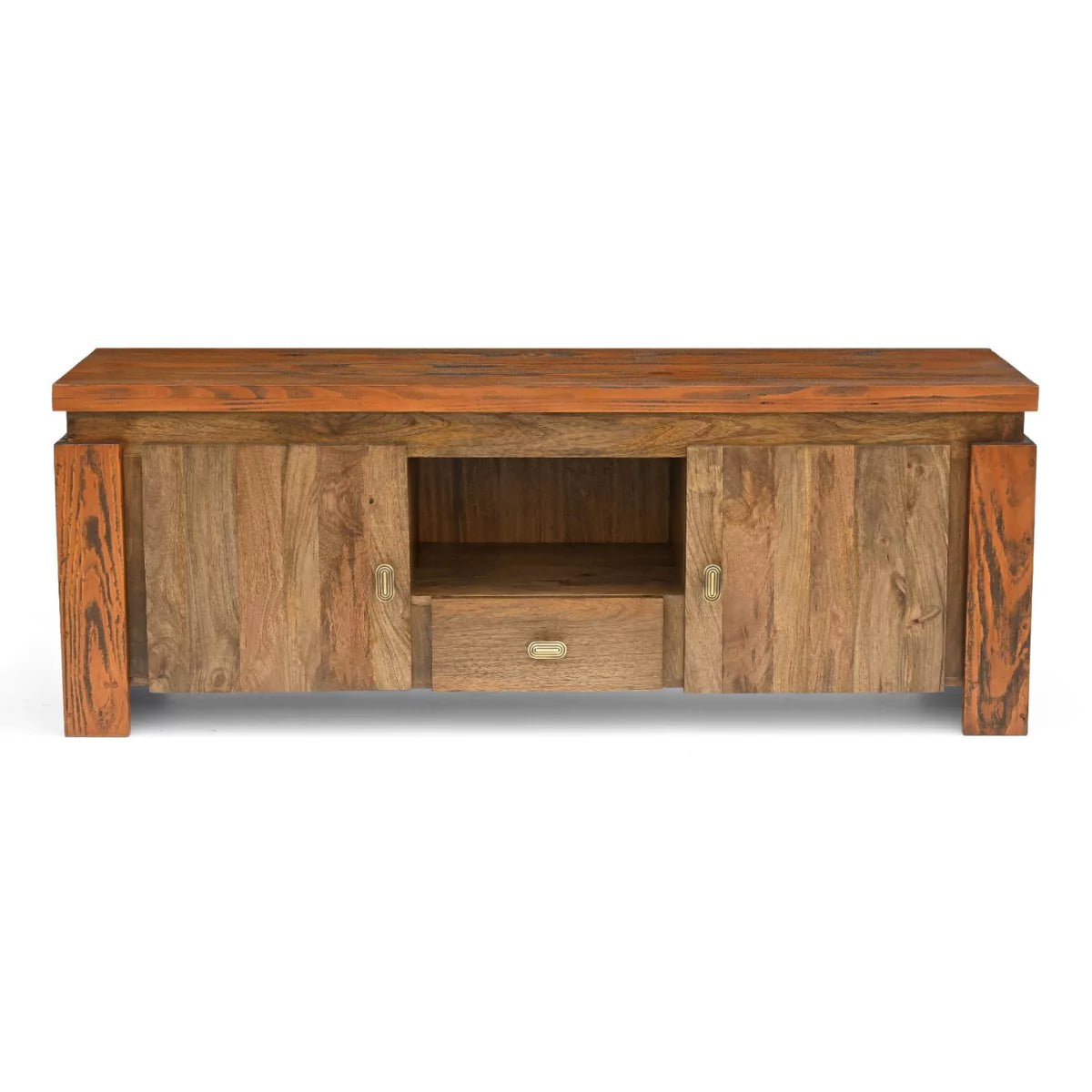 Twonique Solid Wood Rustic TV Unit With Storage - RadiantFurn