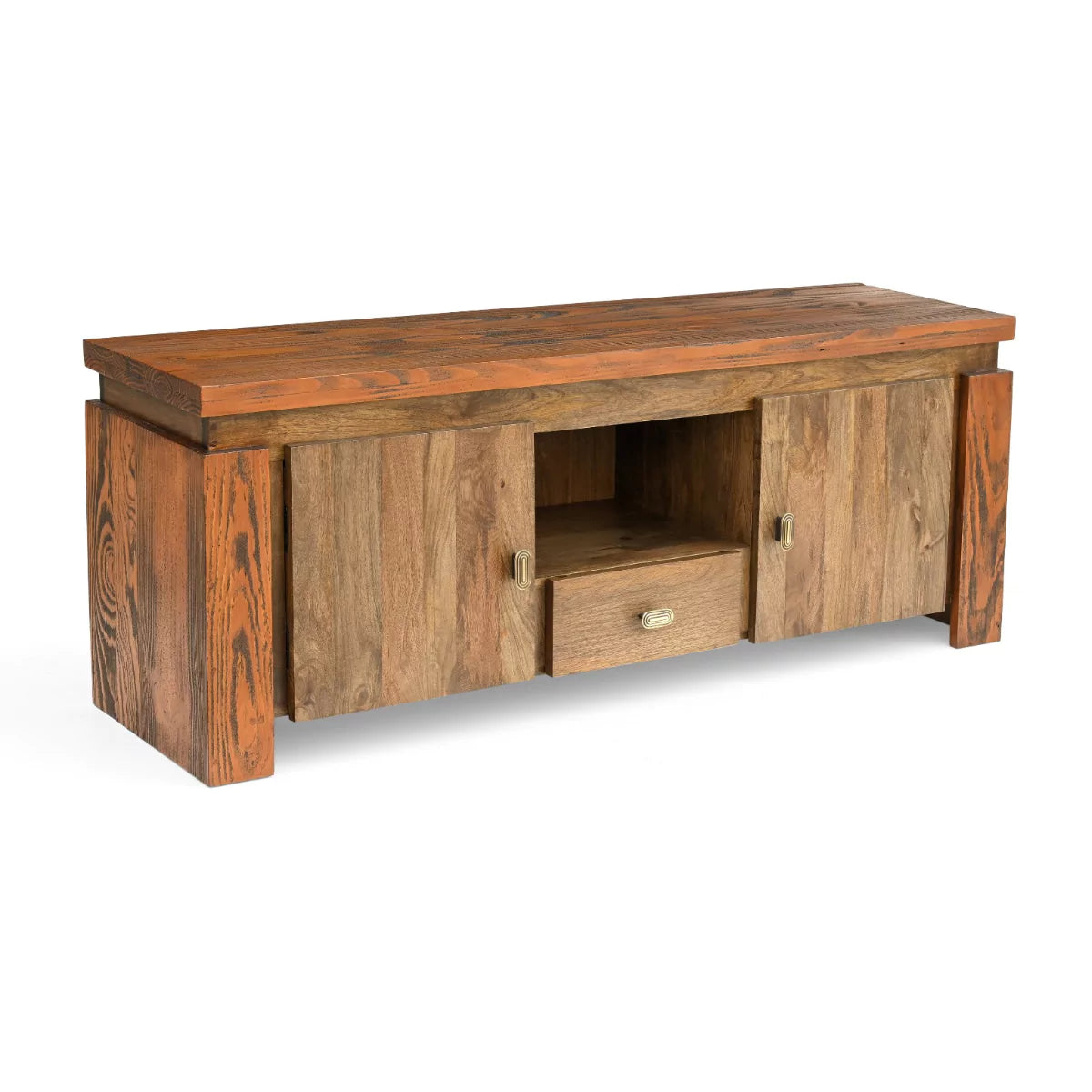 Twonique Solid Wood Rustic TV Unit With Storage - RadiantFurn